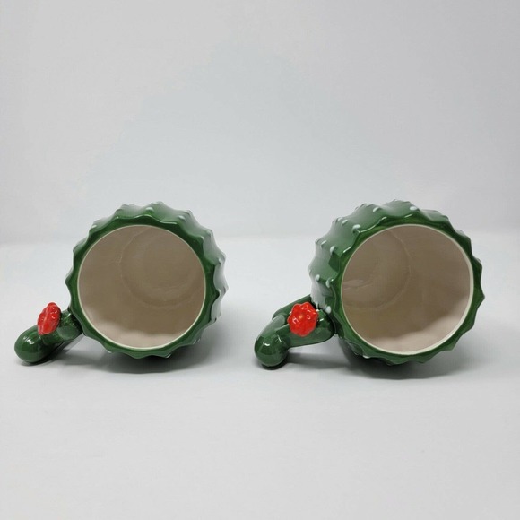 Cactus Ceramic Mugs Green White Red Flower Set of 2 - Picture 5 of 12